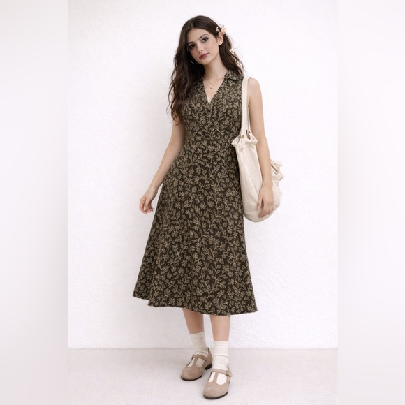 Laura Ashley Dresses & Skirts - Vintage Laura Ashley Brown Floral Sleeveless Midi Dress Size 6‎ V-Neck Cottage